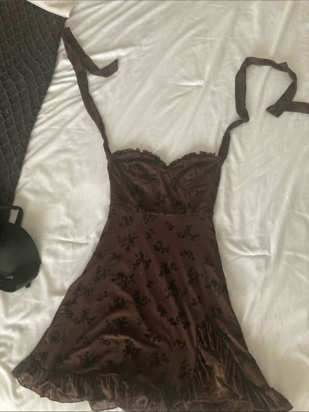 Brown Floral Ruffle Tie-Shoulder Dress (Fashion Nova)